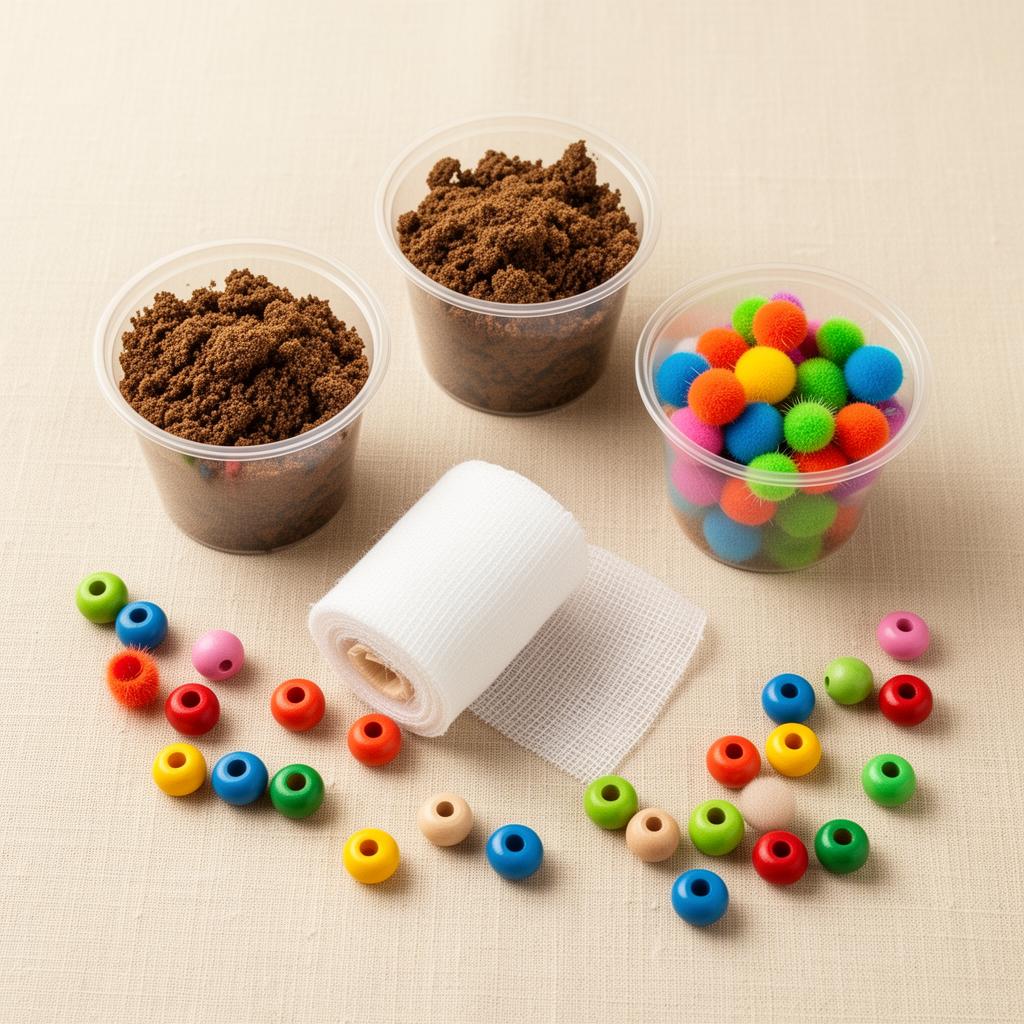 Refill cups of pom-pom burrs with a bandage roll and colorful beads