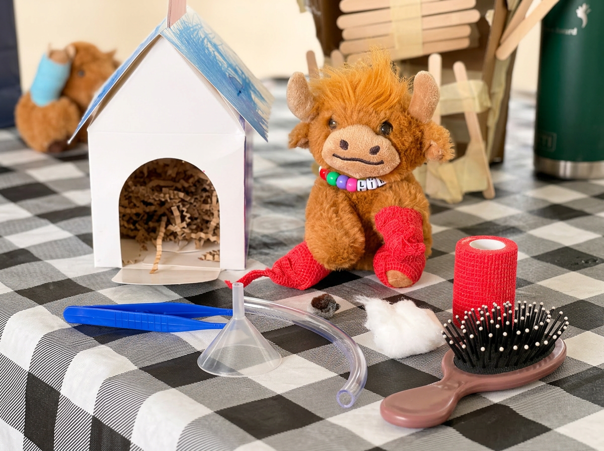 The plush highland cow with tweezers, funnel, build-your-own stethoscope parts, gauze, bandage wrap, brush, and mini house