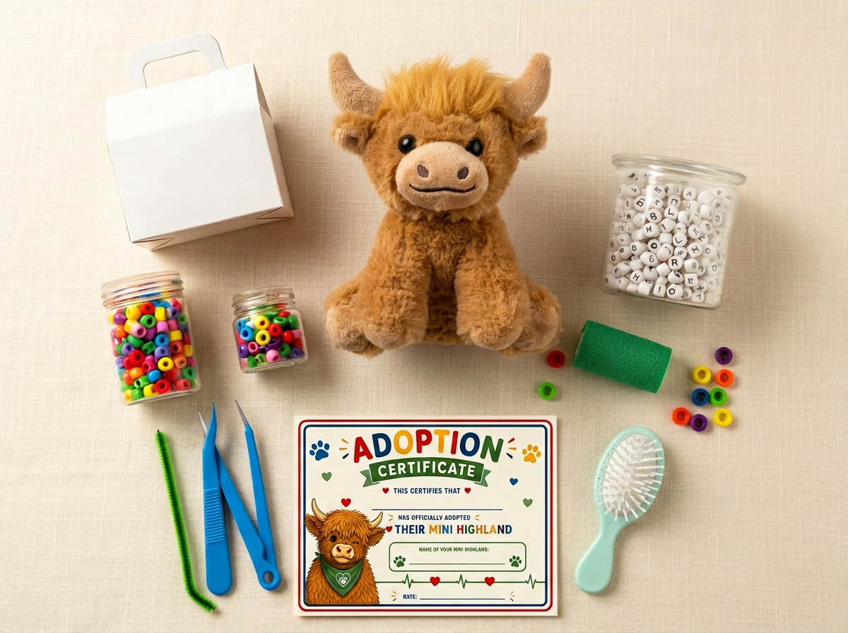 The Mini Highland Cow Vet Box with plush cow and hands-on veterinary play supplies