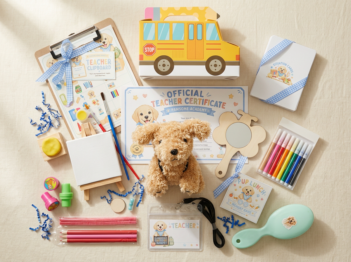 Golden Retriever School Box with plush puppy, teacher clipboard, certificate, school bus, and classroom accessories