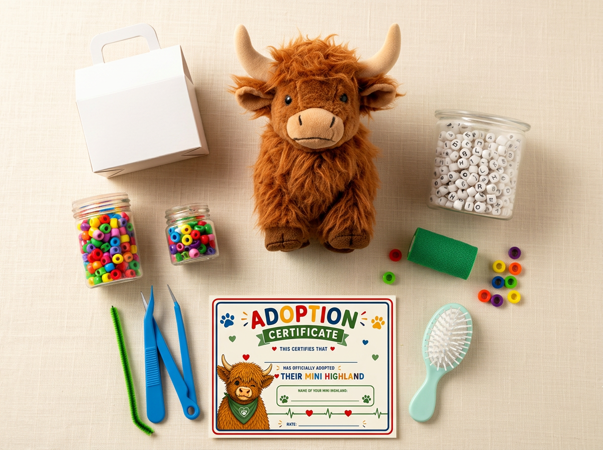 The Mini Highland Cow Vet Box laid out: plush cow, cow house, brush, bandage, tweezers, and adoption certificate