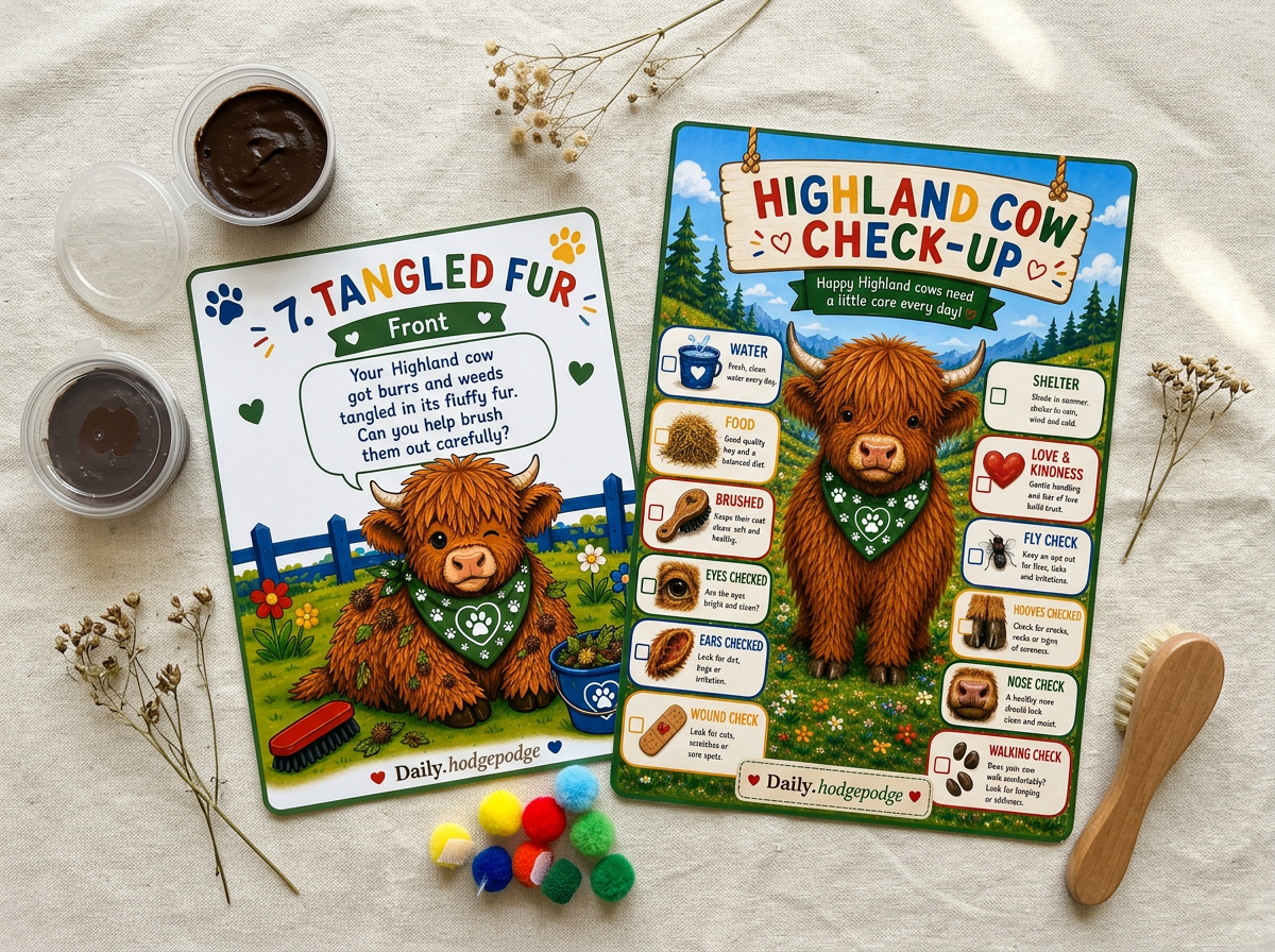 A peek inside: a situation card, the daily check-up checklist, and velcro pom-pom burrs